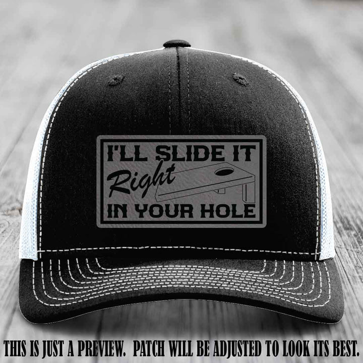 I'll Slide It Right In Your Hole 😈 Grey to Black Patch Leather Patch Hat on Black to White Hat