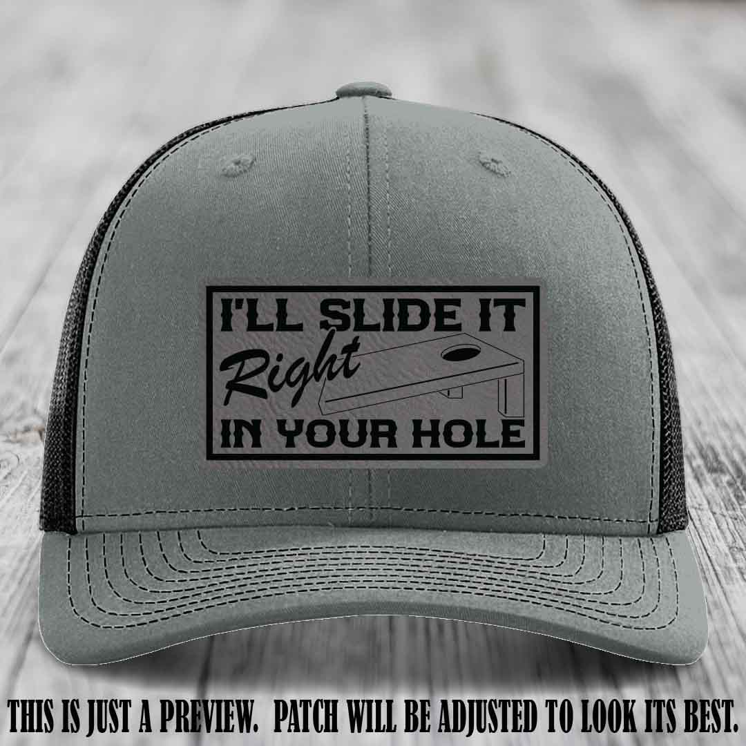I'll Slide It Right In Your Hole 😈 Grey to Black Patch Leather Patch Hat on Heather Grey to Black Hat