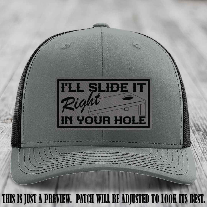 I'll Slide It Right In Your Hole 😈 Grey to Black Patch Leather Patch Hat on Heather Grey to Black Hat