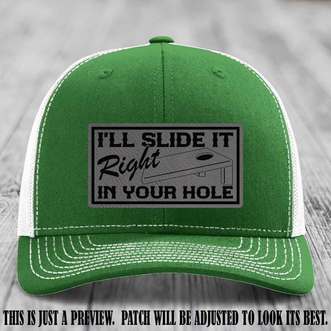 I'll Slide It Right In Your Hole 😈 Grey to Black Patch Leather Patch Hat on Kelly to White Hat