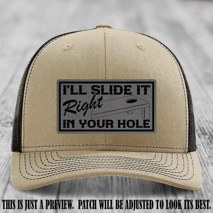 I'll Slide It Right In Your Hole 😈 Grey to Black Patch Leather Patch Hat on Khaki to Coffee Hat