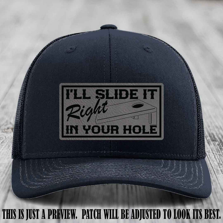 I'll Slide It Right In Your Hole 😈 Grey to Black Patch Leather Patch Hat on Navy Hat