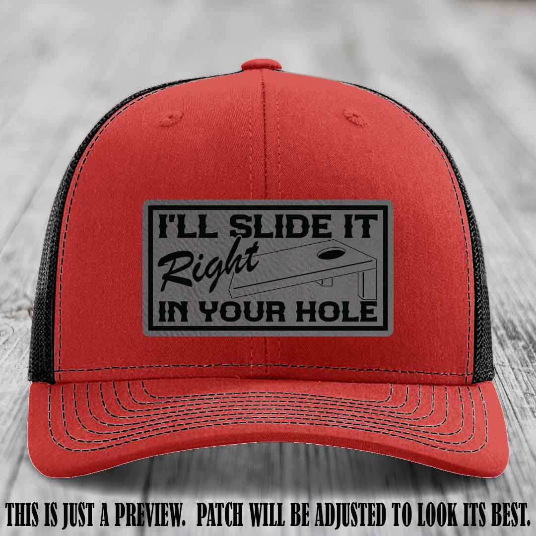 I'll Slide It Right In Your Hole 😈 Grey to Black Patch Leather Patch Hat on Red to Black Hat