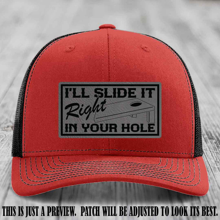 I'll Slide It Right In Your Hole 😈 Grey to Black Patch Leather Patch Hat on Red to Black Hat
