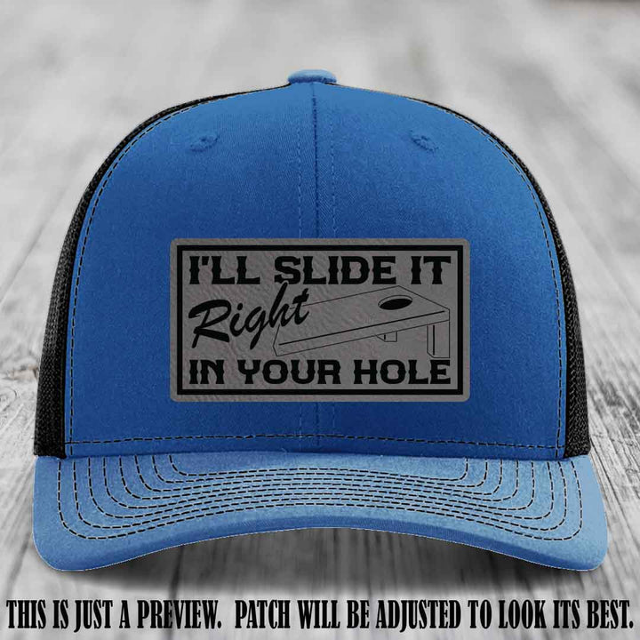 I'll Slide It Right In Your Hole 😈 Grey to Black Patch Leather Patch Hat on Royal to Black Hat