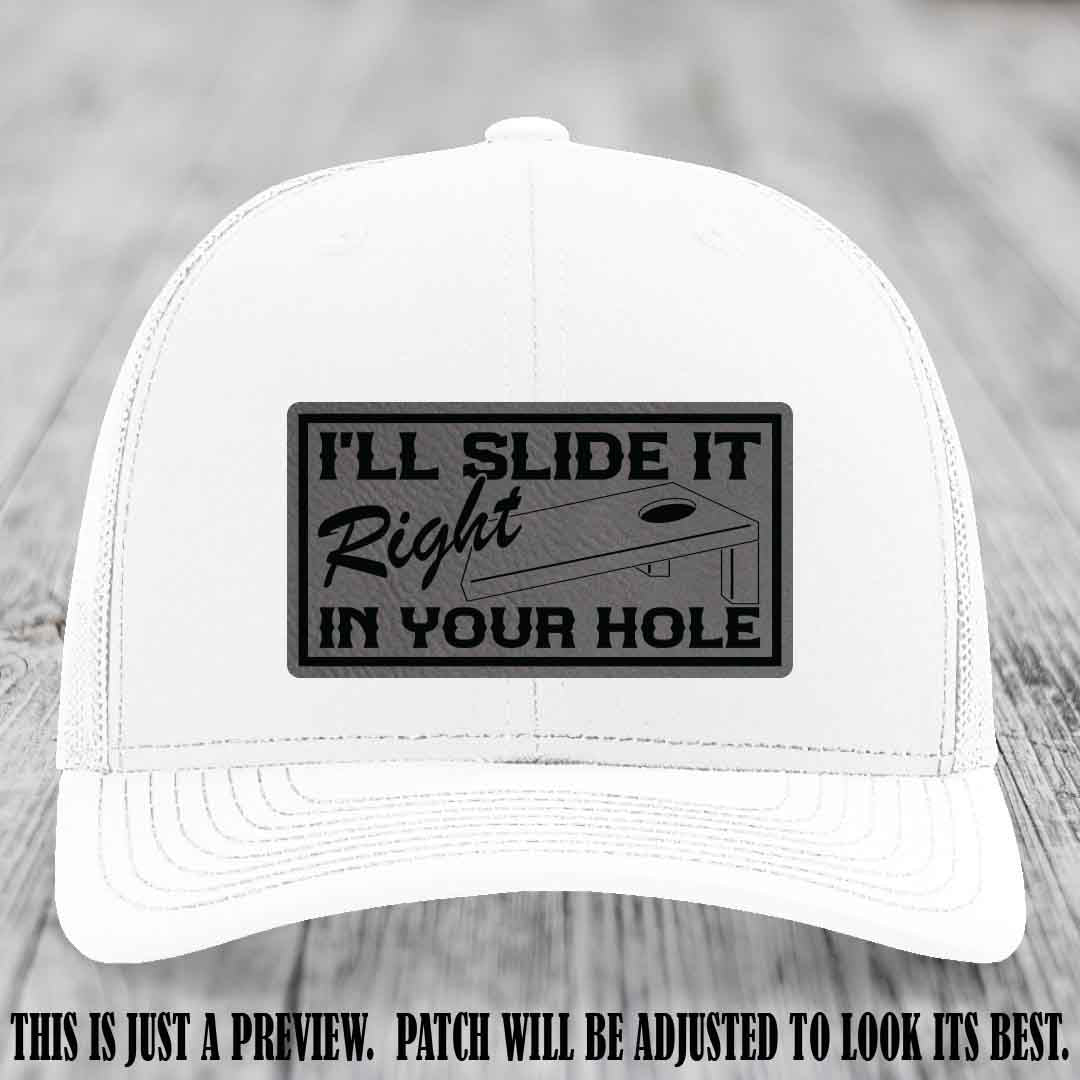 I'll Slide It Right In Your Hole 😈 Grey to Black Patch Leather Patch Hat on White Hat