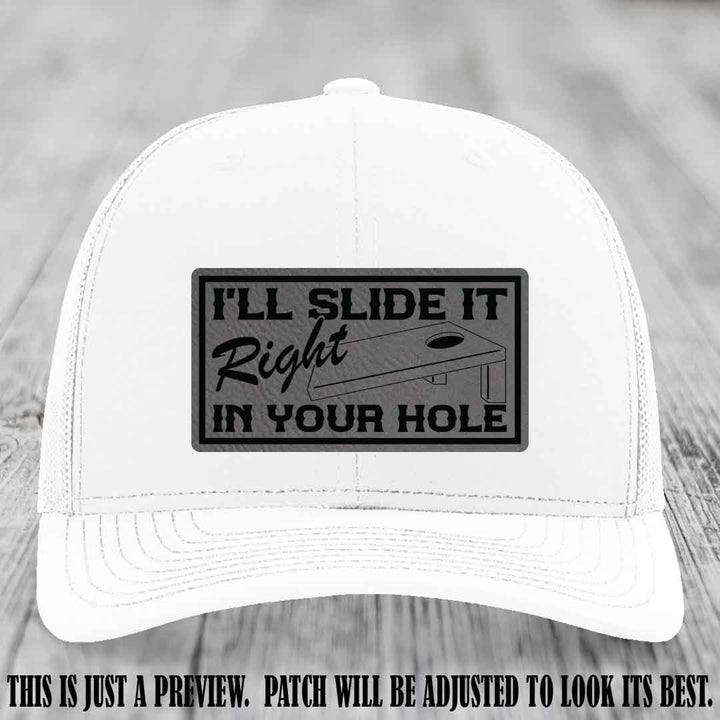I'll Slide It Right In Your Hole 😈 Grey to Black Patch Leather Patch Hat on White Hat
