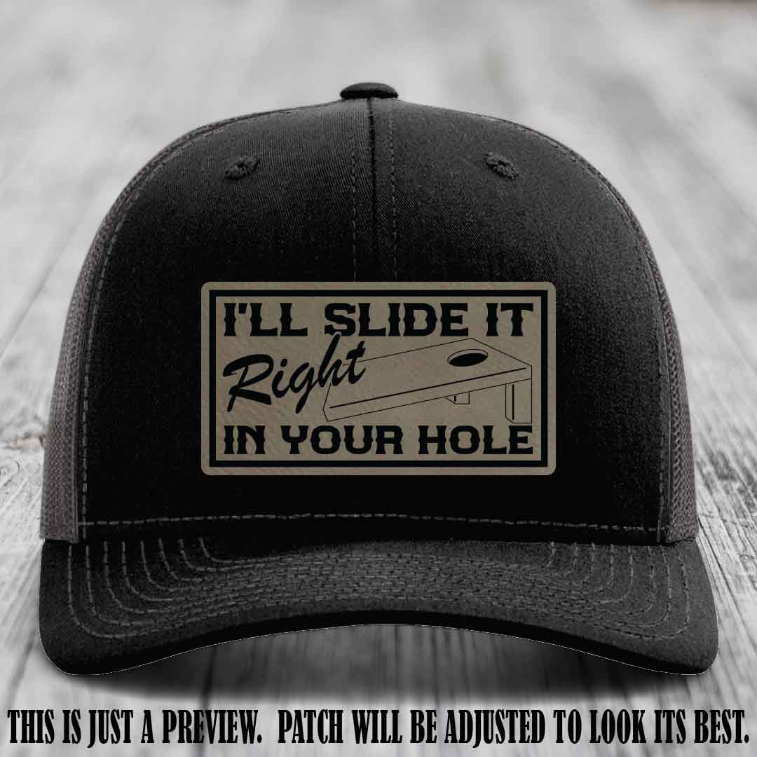 I'll Slide It Right In Your Hole 🍑 Light Brown to Black Patch Leather Patch Hat on Black to Charcoal Hat