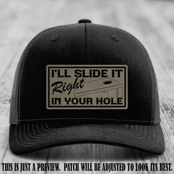 I'll Slide It Right In Your Hole 🍑 Light Brown to Black Patch Leather Patch Hat on Black to Charcoal Hat