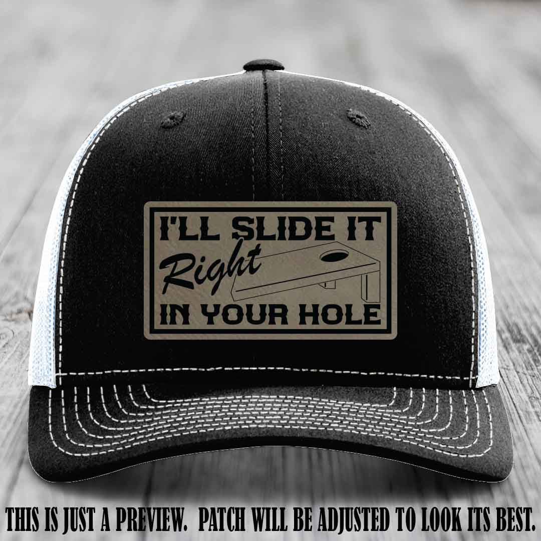 I'll Slide It Right In Your Hole 🍑 Light Brown to Black Patch Leather Patch Hat on Black to White Hat