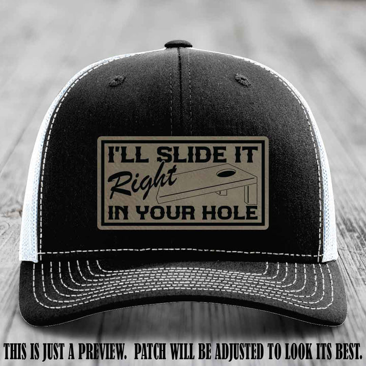 I'll Slide It Right In Your Hole 🍑 Light Brown to Black Patch Leather Patch Hat on Black to White Hat