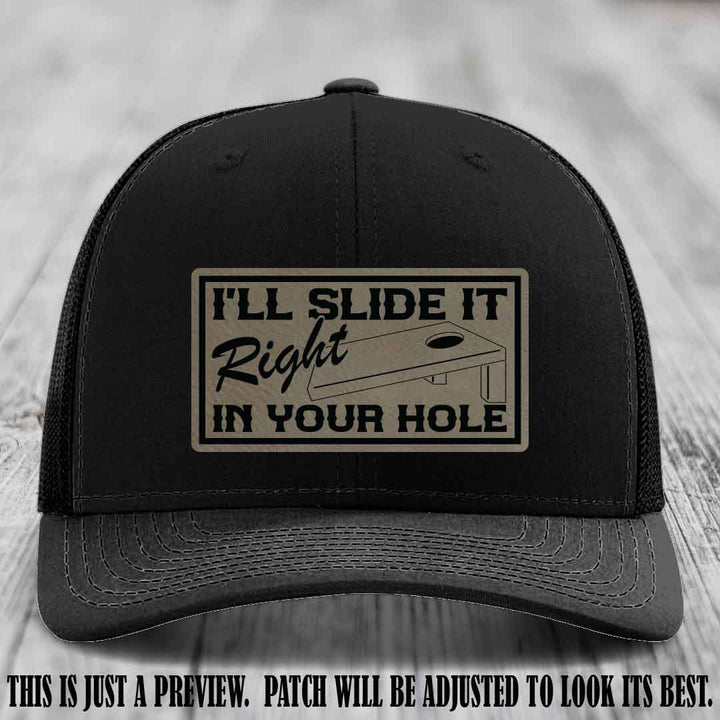I'll Slide It Right In Your Hole 🍑 Light Brown to Black Patch Leather Patch Hat on Black Hat