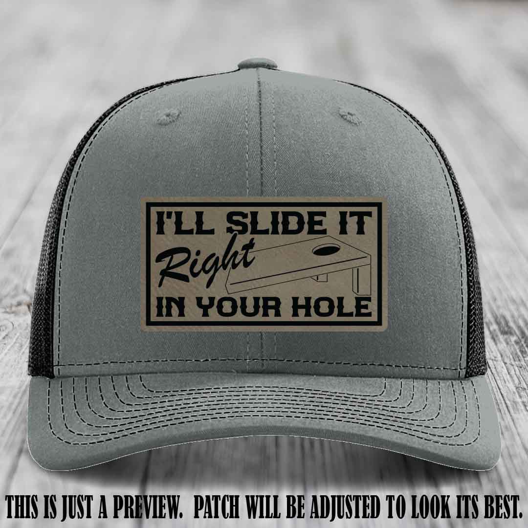 I'll Slide It Right In Your Hole 🍑 Light Brown to Black Patch Leather Patch Hat on Heather Grey to Black Hat
