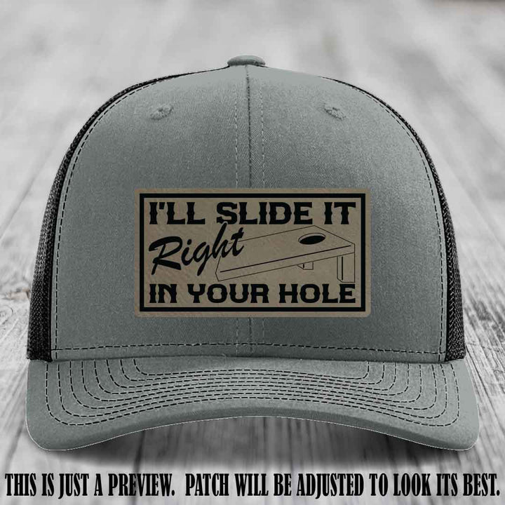 I'll Slide It Right In Your Hole 🍑 Light Brown to Black Patch Leather Patch Hat on Heather Grey to Black Hat