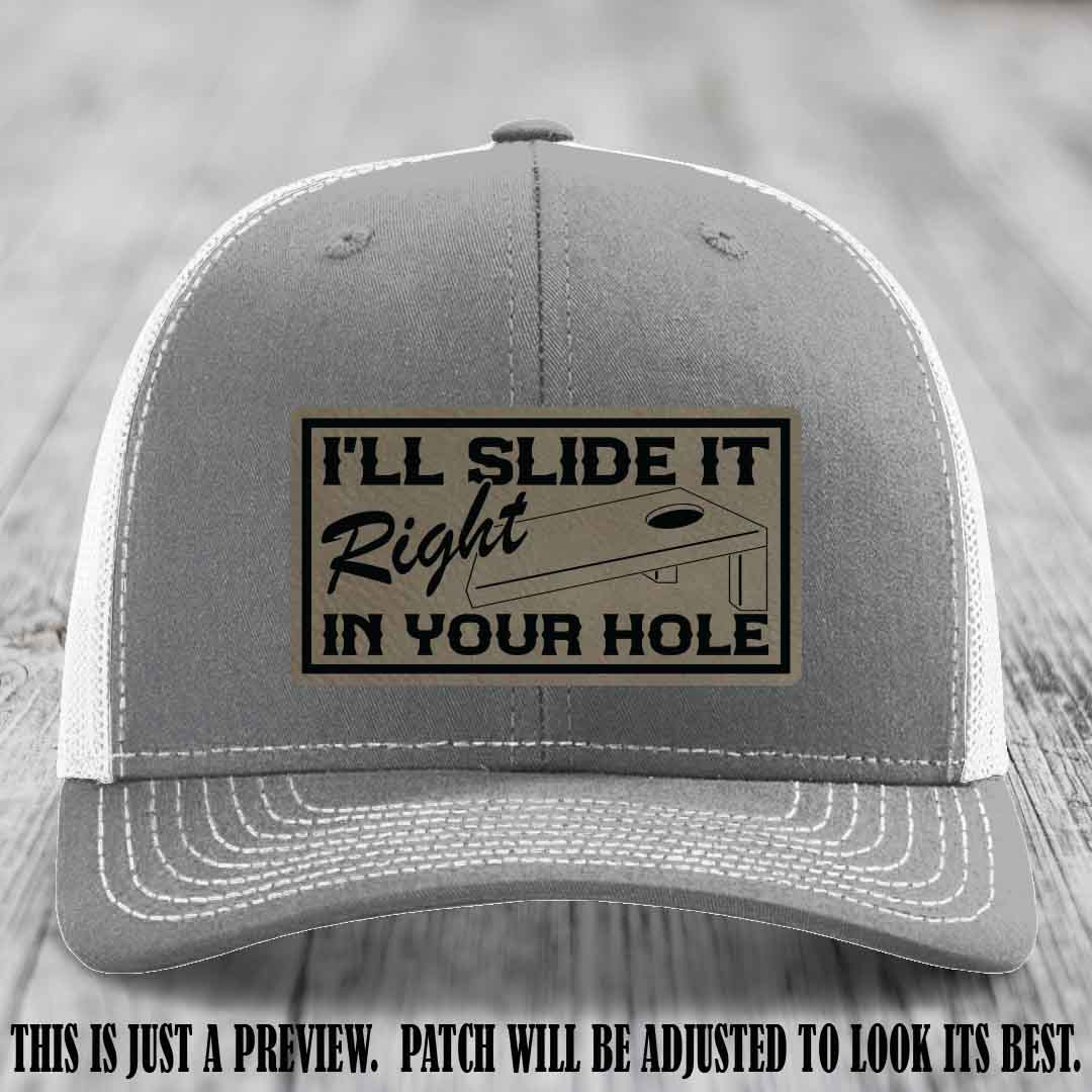 I'll Slide It Right In Your Hole 🍑 Light Brown to Black Patch Leather Patch Hat on Heather Grey to White Hat