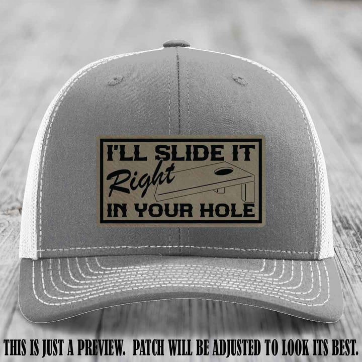 I'll Slide It Right In Your Hole 🍑 Light Brown to Black Patch Leather Patch Hat on Heather Grey to White Hat
