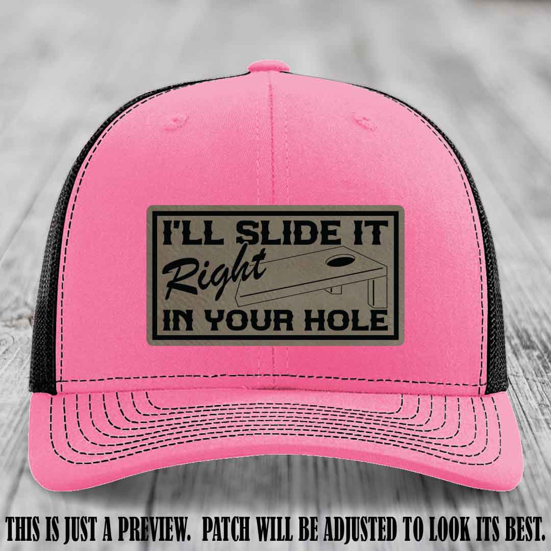 I'll Slide It Right In Your Hole 🍑 Light Brown to Black Patch Leather Patch Hat on Hot Pink to Black Hat