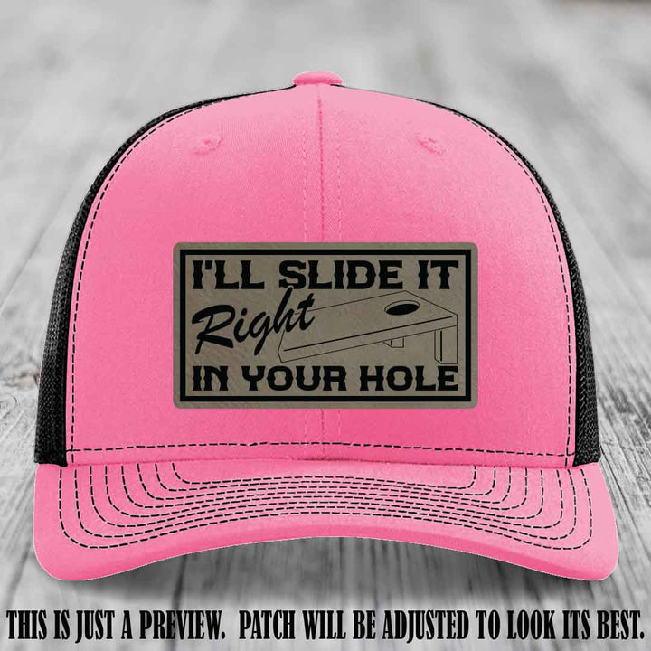 I'll Slide It Right In Your Hole 🍑 Light Brown to Black Patch Leather Patch Hat on Hot Pink to Black Hat