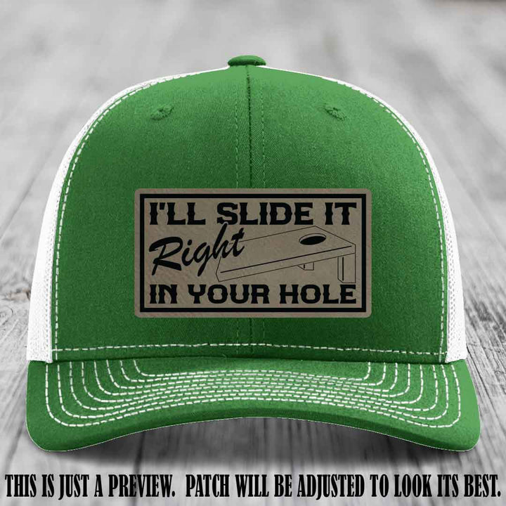 I'll Slide It Right In Your Hole 🍑 Light Brown to Black Patch Leather Patch Hat on Kelly to White Hat