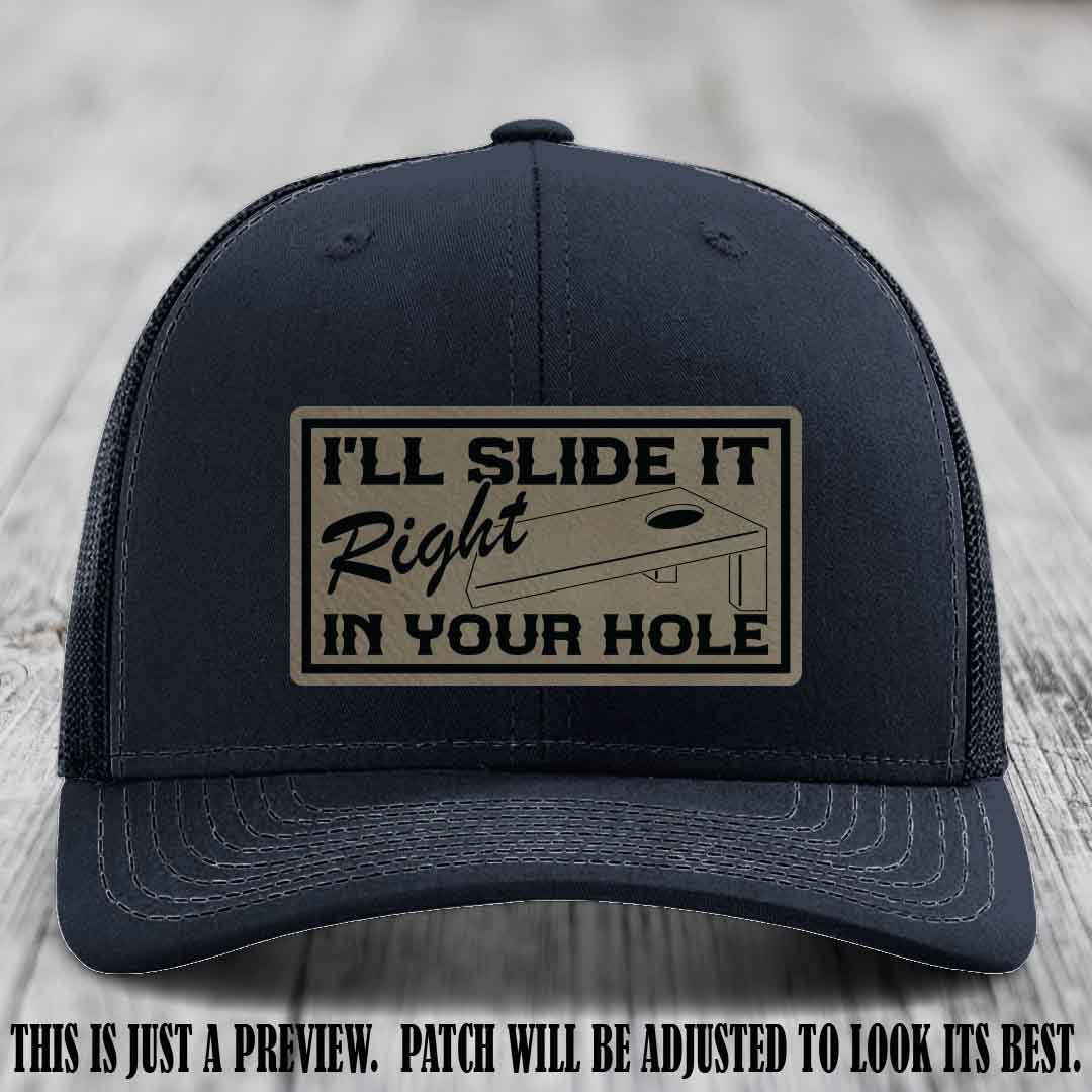 I'll Slide It Right In Your Hole 🍑 Light Brown to Black Patch Leather Patch Hat on Navy Hat