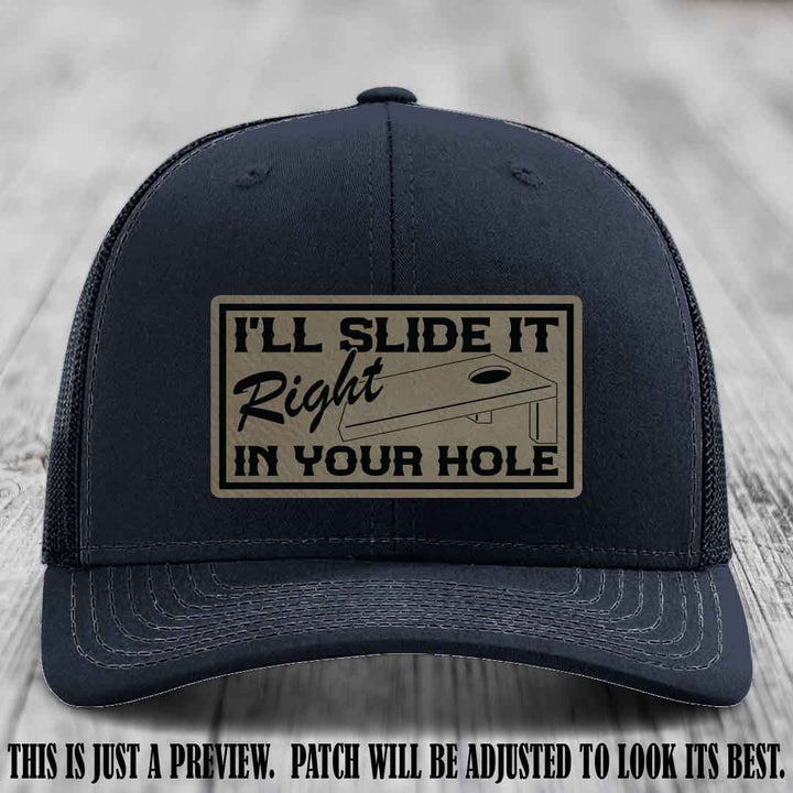 I'll Slide It Right In Your Hole 🍑 Light Brown to Black Patch Leather Patch Hat on Navy Hat