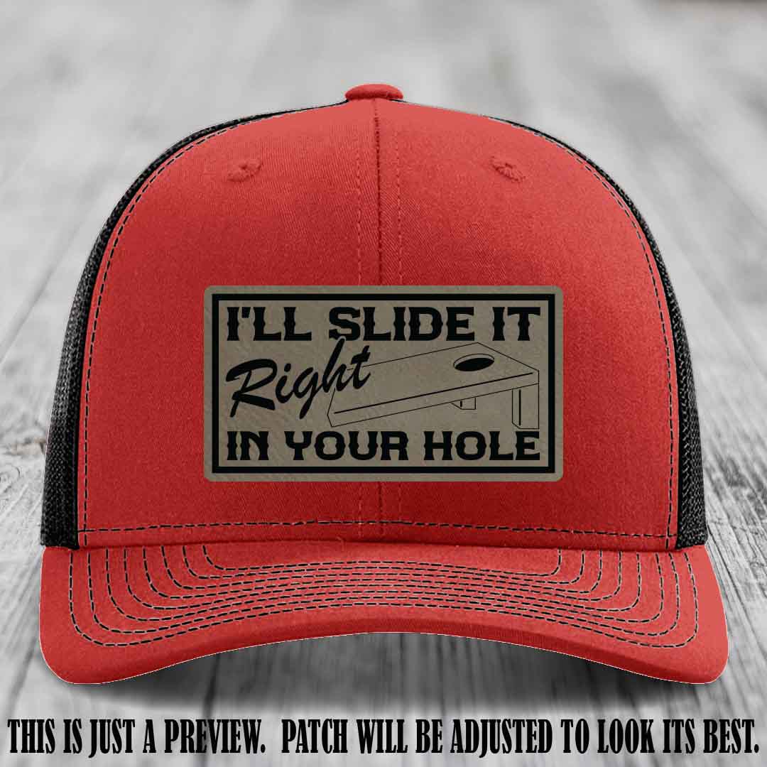 I'll Slide It Right In Your Hole 🍑 Light Brown to Black Patch Leather Patch Hat on Red to Black Hat