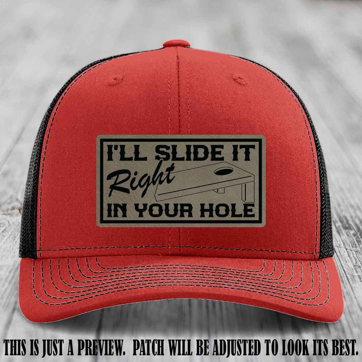 I'll Slide It Right In Your Hole 🍑 Light Brown to Black Patch Leather Patch Hat on Red to Black Hat