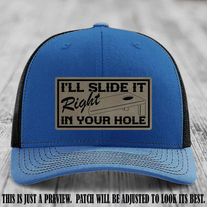 I'll Slide It Right In Your Hole 🍑 Light Brown to Black Patch Leather Patch Hat on Royal to Black Hat