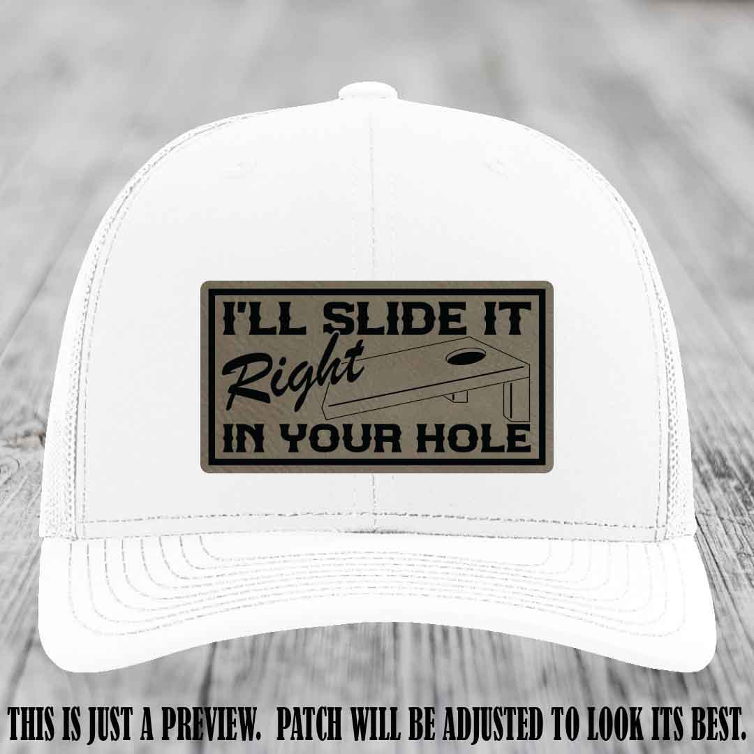I'll Slide It Right In Your Hole 🍑 Light Brown to Black Patch Leather Patch Hat on White Hat