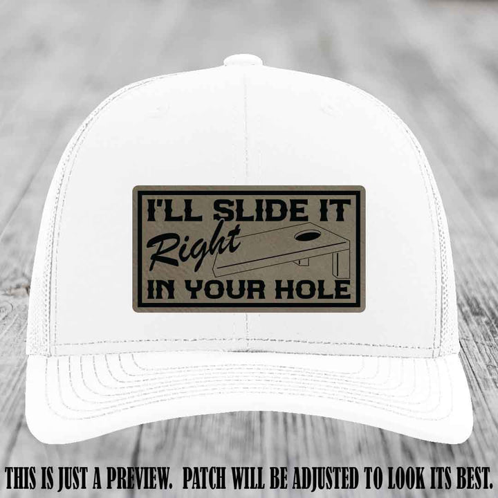 I'll Slide It Right In Your Hole 🍑 Light Brown to Black Patch Leather Patch Hat on White Hat