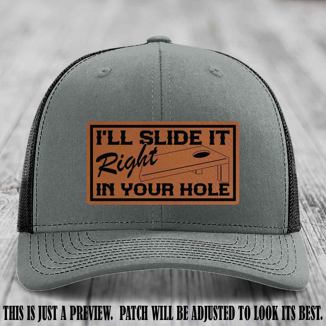 I'll Slide It Right In Your Hole 👅 Rawhide to Black Patch Leather Patch Hat on Heather Grey to Black Hat
