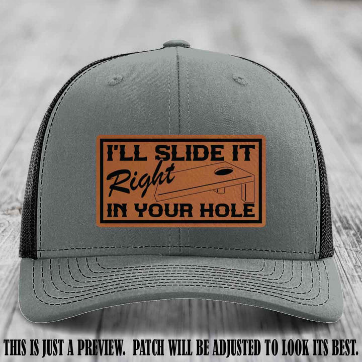 I'll Slide It Right In Your Hole 👅 Rawhide to Black Patch Leather Patch Hat on Heather Grey to Black Hat