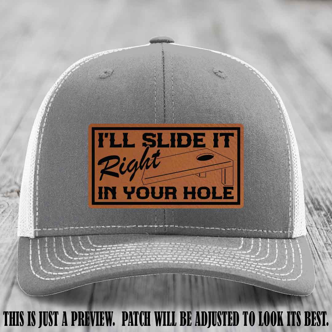 I'll Slide It Right In Your Hole 👅 Rawhide to Black Patch Leather Patch Hat on Heather Grey to White Hat