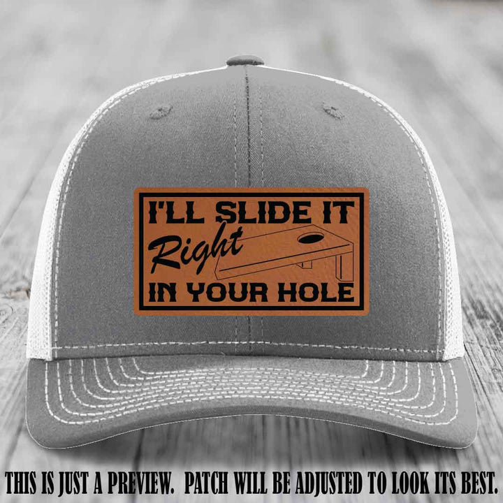 I'll Slide It Right In Your Hole 👅 Rawhide to Black Patch Leather Patch Hat on Heather Grey to White Hat