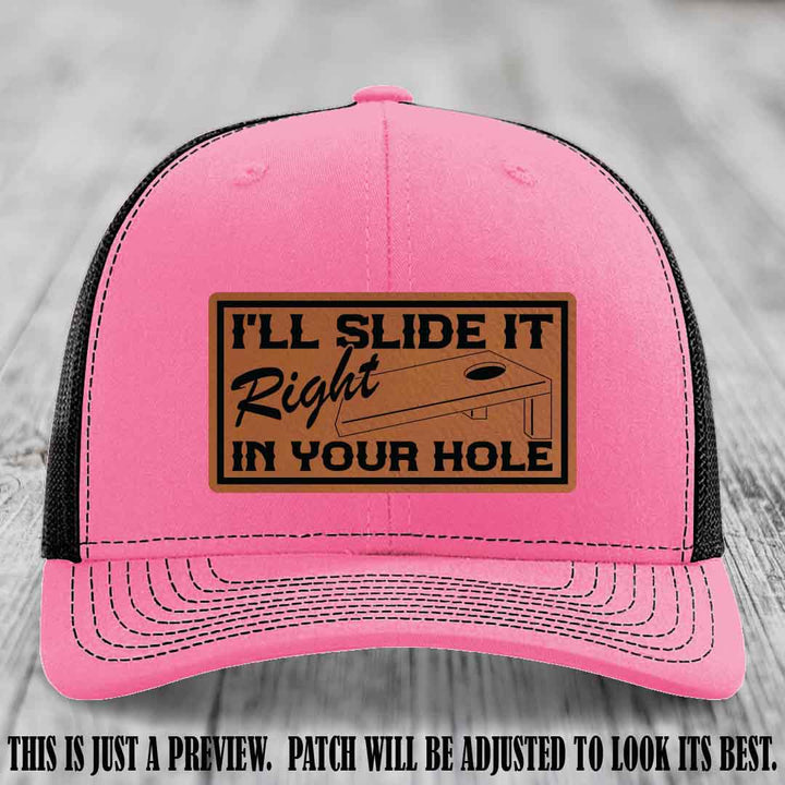 I'll Slide It Right In Your Hole 👅 Rawhide to Black Patch Leather Patch Hat on Hot Pink to Black Hat