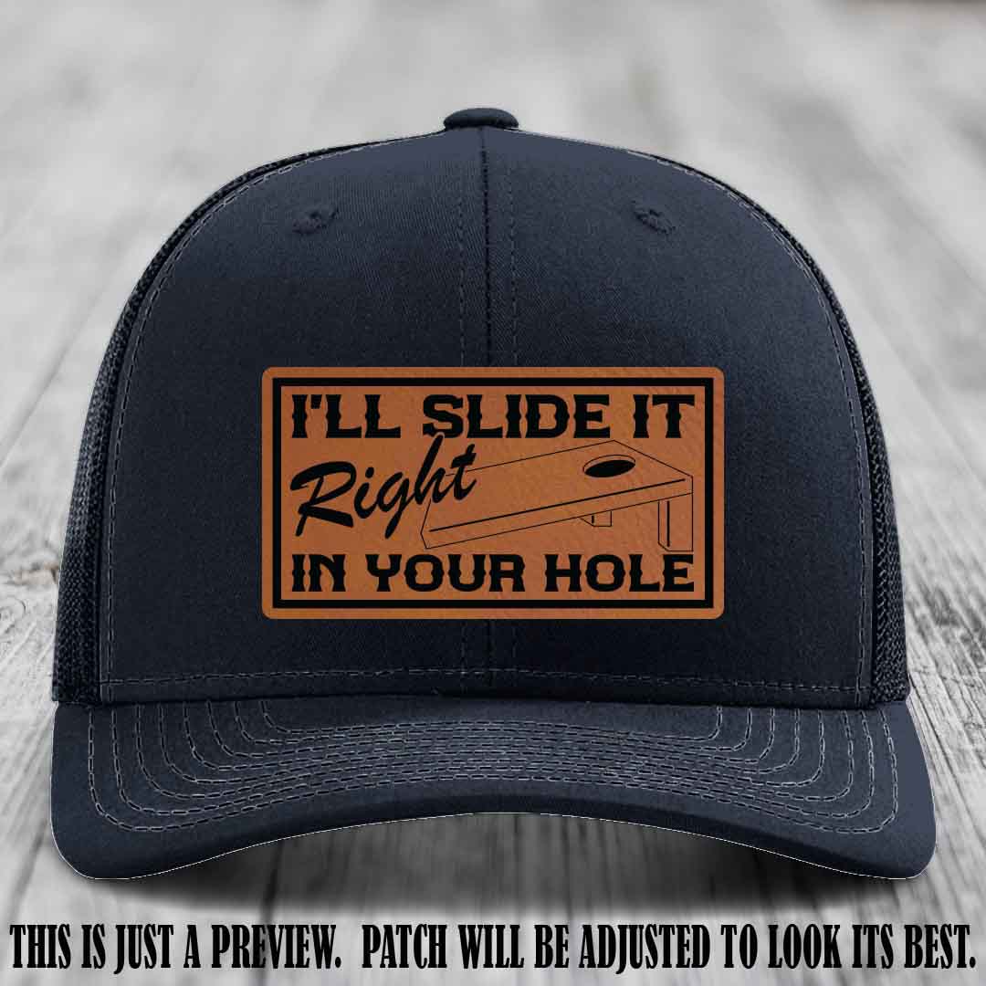 I'll Slide It Right In Your Hole 👅 Rawhide to Black Patch Leather Patch Hat on Navy Hat