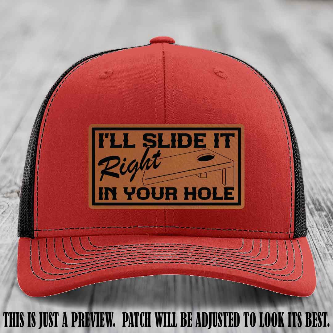 I'll Slide It Right In Your Hole 👅 Rawhide to Black Patch Leather Patch Hat on Red to Black Hat