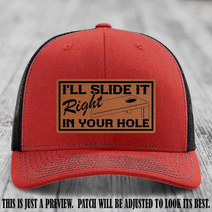 I'll Slide It Right In Your Hole 👅 Rawhide to Black Patch Leather Patch Hat on Red to Black Hat