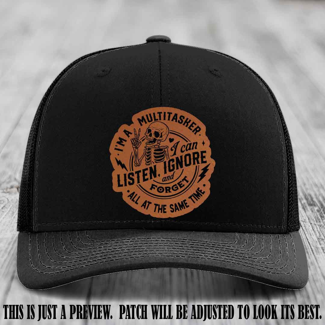 Multitasker Skeleton Rawhide to Black Patch Leather Patch Hat 😈🧢 on Black Hat