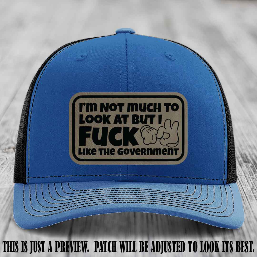 I'm Not Much to Look At Light Brown to Black Patch on Royal to Black Hat Richardson 112 trucker hat