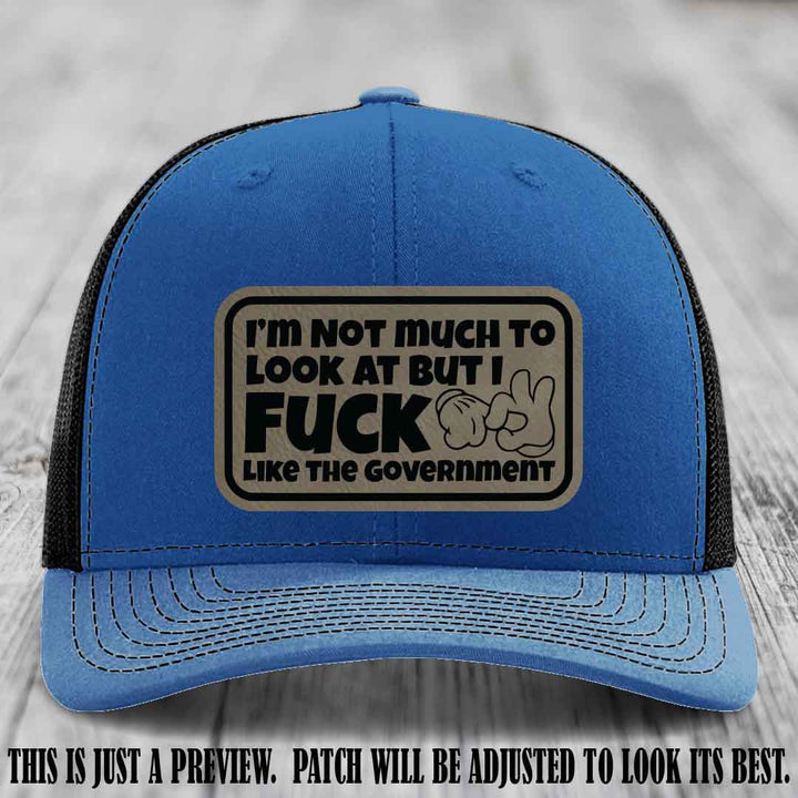 I'm Not Much to Look At Light Brown to Black Patch on Royal to Black Hat Richardson 112 trucker hat