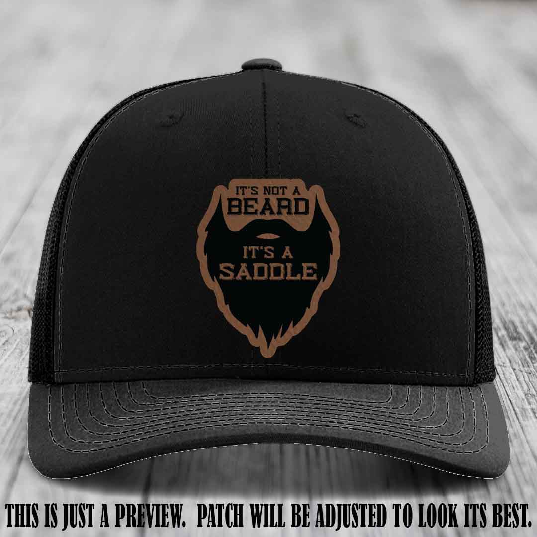 Beard Saddle design on a Dark Brown to Black Patch, Richardson 112 leather patch hat on a Black Hat
