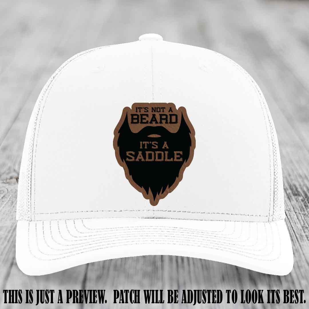Beard Saddle design on a Dark Brown to Black Patch, Richardson 112 leather patch hat on a White Hat