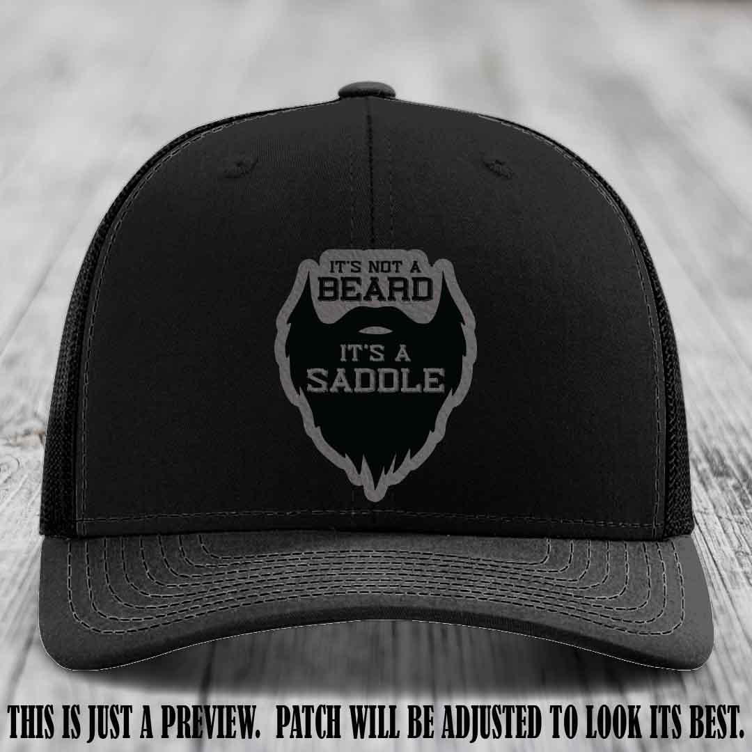 Beard Saddle design on a Grey to Black Patch, Richardson 112 leather patch hat on a Black Hat