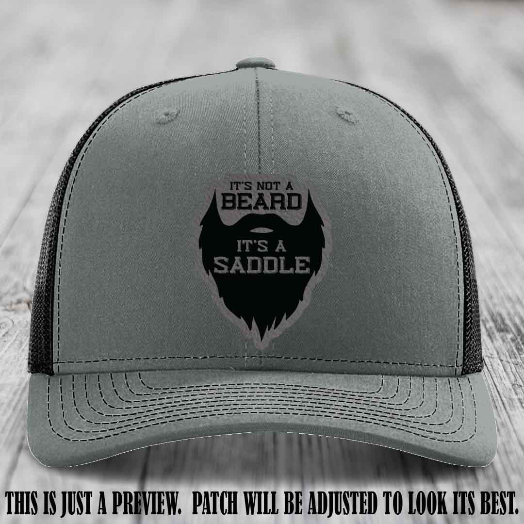 Beard Saddle design on a Grey to Black Patch, Richardson 112 leather patch hat on a Heather Grey to Black Hat