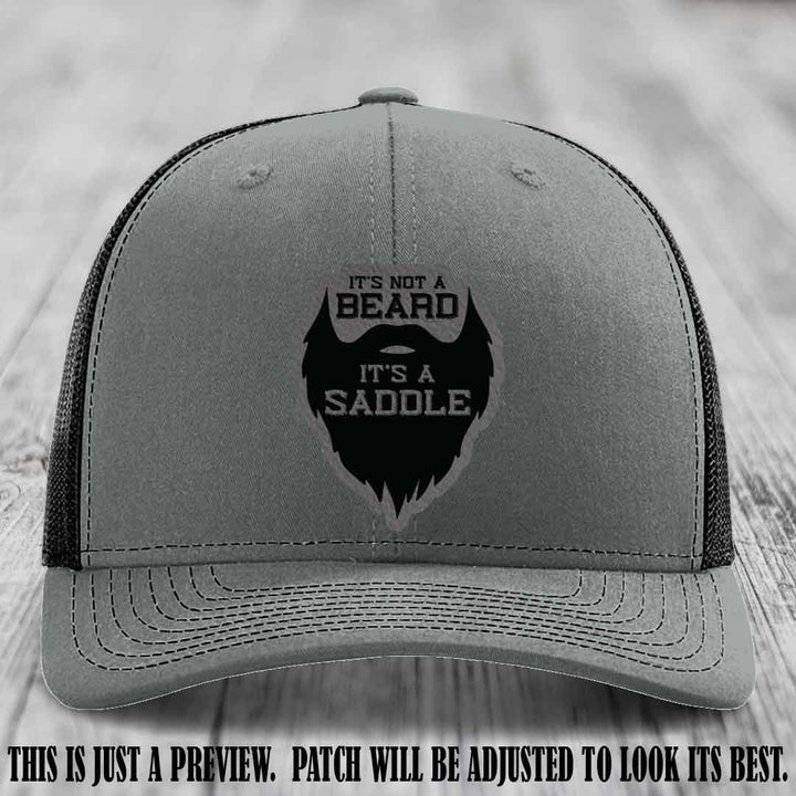Beard Saddle design on a Grey to Black Patch, Richardson 112 leather patch hat on a Heather Grey to Black Hat
