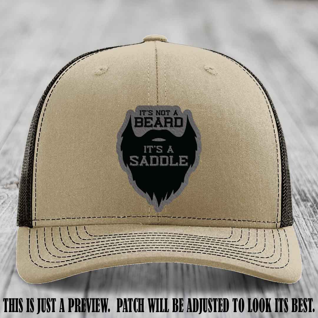 Beard Saddle design on a Grey to Black Patch, Richardson 112 leather patch hat on a Khaki to Coffee Hat