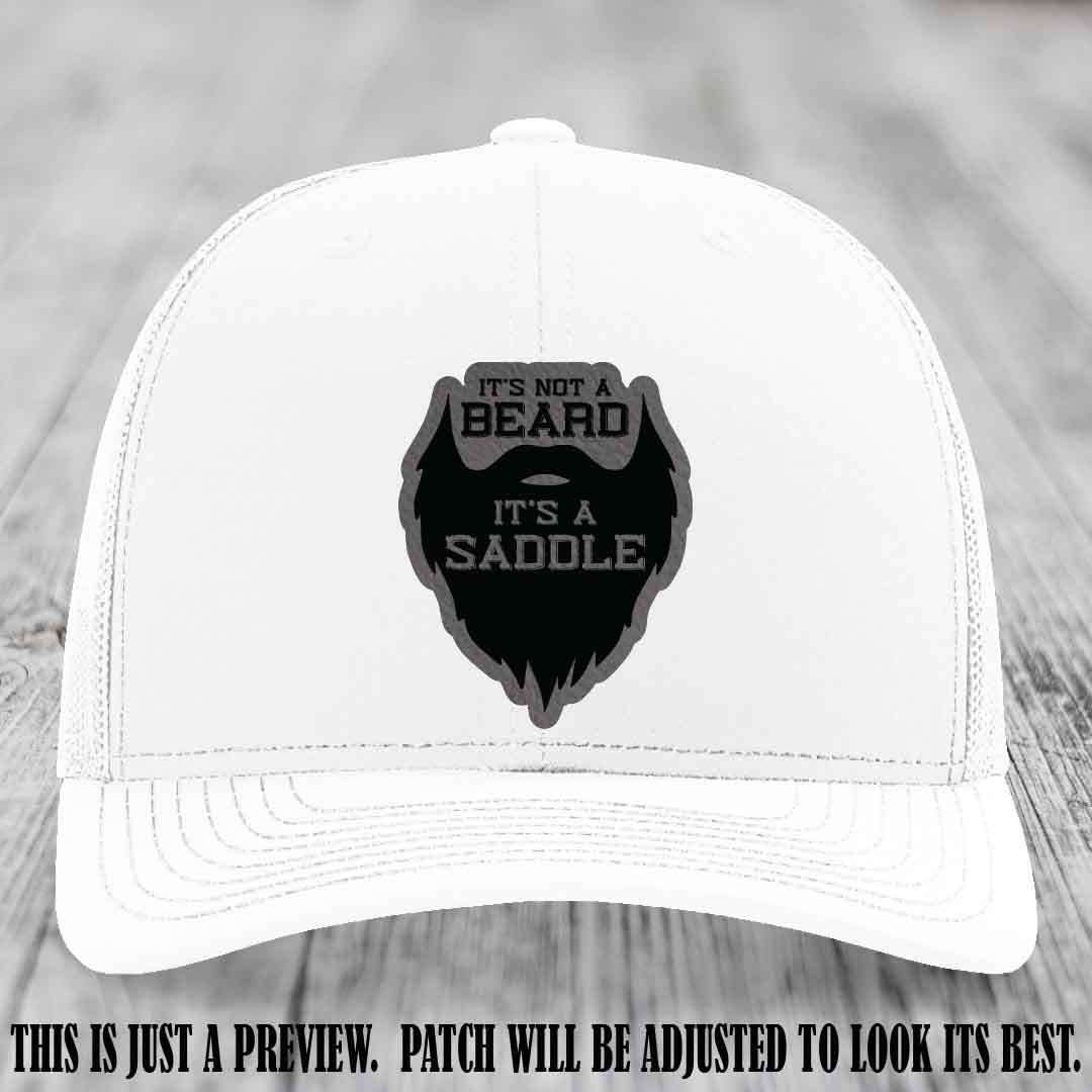 Beard Saddle design on a Grey to Black Patch, Richardson 112 leather patch hat on a White Hat
