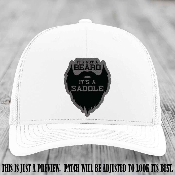 Beard Saddle design on a Grey to Black Patch, Richardson 112 leather patch hat on a White Hat