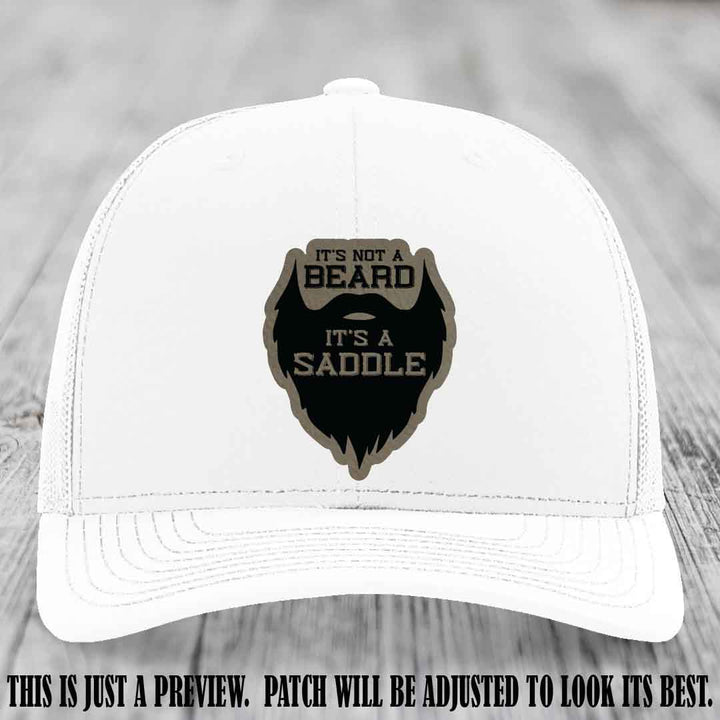 Beard Saddle design on a Light Brown to Black Patch, Richardson 112 leather patch hat on a White Hat